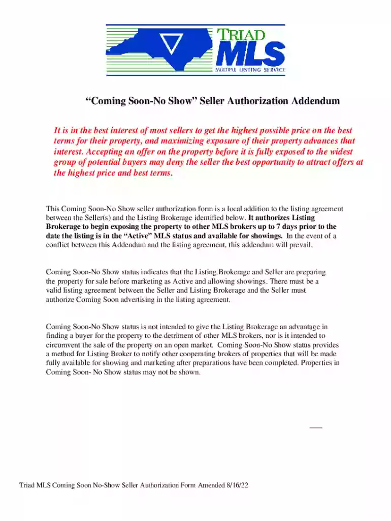 Triad MLS Coming Soon Seller Authorization Form Final Version 3-28-2017 docx Preview on Page 1