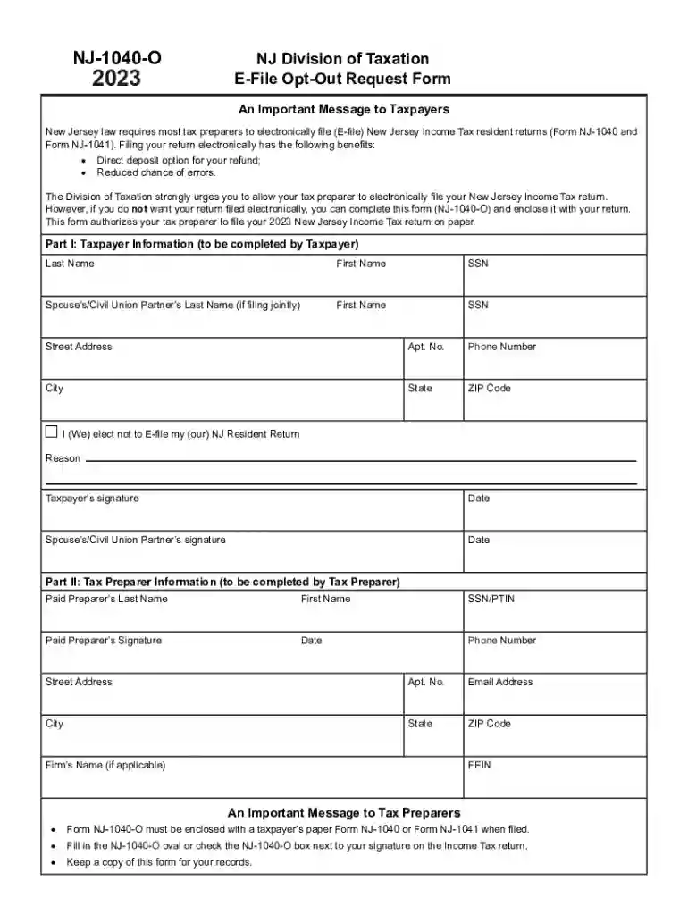 2023 NJ-1040-O E-File Opt-Out Request Form 2023 NJ-1040-O E-File Opt-Out Request Form Preview on Page 1