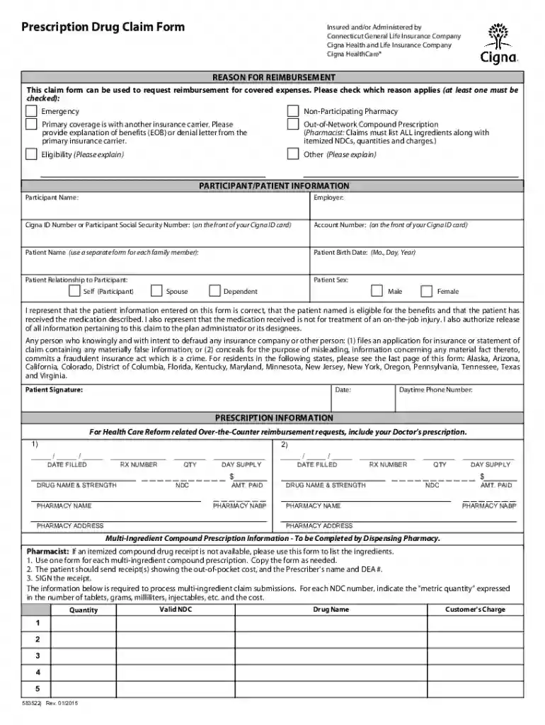 Cigna Prescription Drug Claim Form Preview on Page 1
