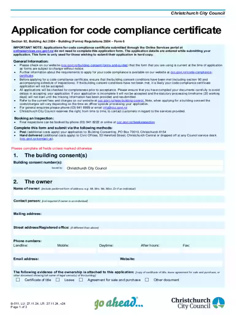 Christchurch Code Compliance Certificate Application Preview on Page 1