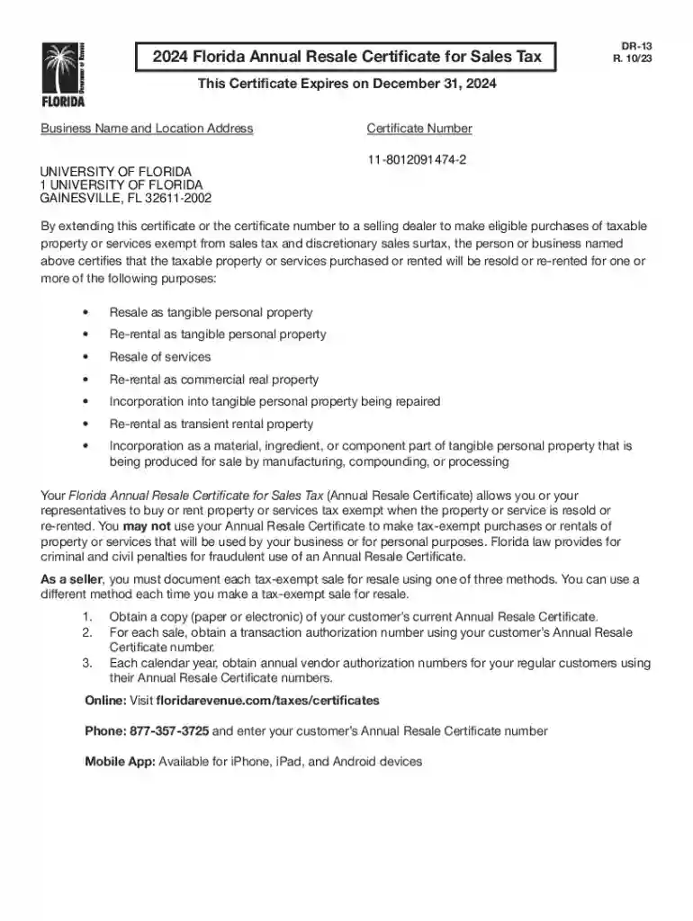 Florida Annual Resale Certificate for Sales Tax Preview on Page 1
