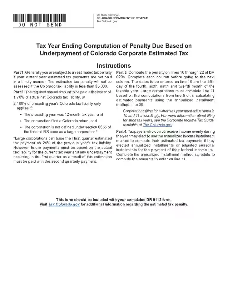DR 0205 2023 Tax Year Ending Computation of Penalty Due Based on Underpayment of Colorado Corporate Preview on Page 1