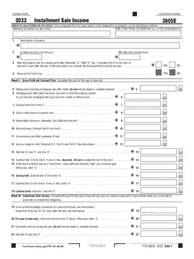2022 CALIFORNIA Form 3805E Installment Sale Income Preview on Page 1