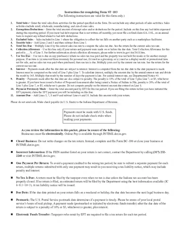 IN ST-103 - Instructions 2007-2023 - Fill out Tax Template Preview on Page 1