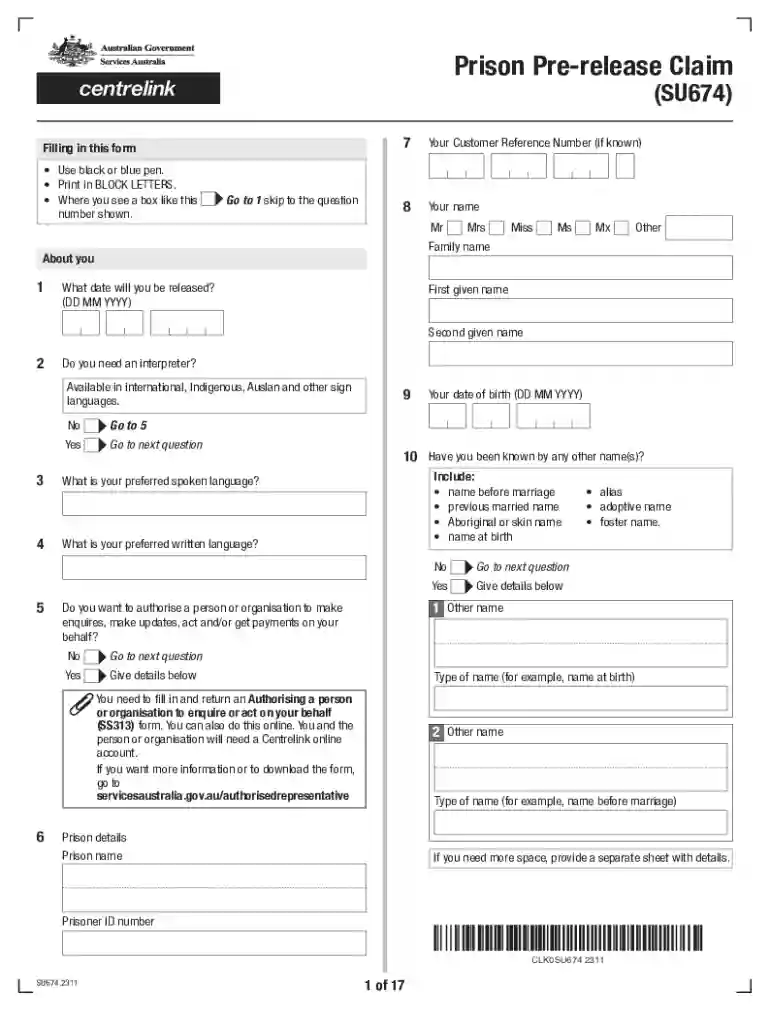 Prison Pre-release Claim Form Preview on Page 1