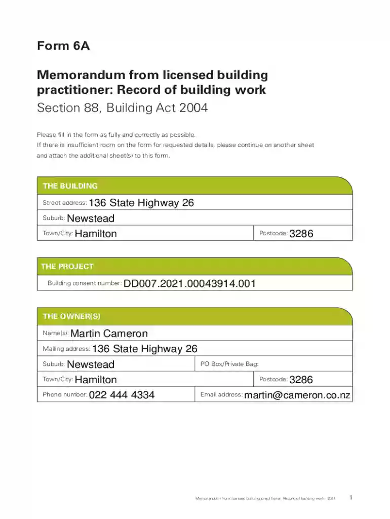 RECORD OF BUILDING WORK (FORM 6A) Preview on Page 1