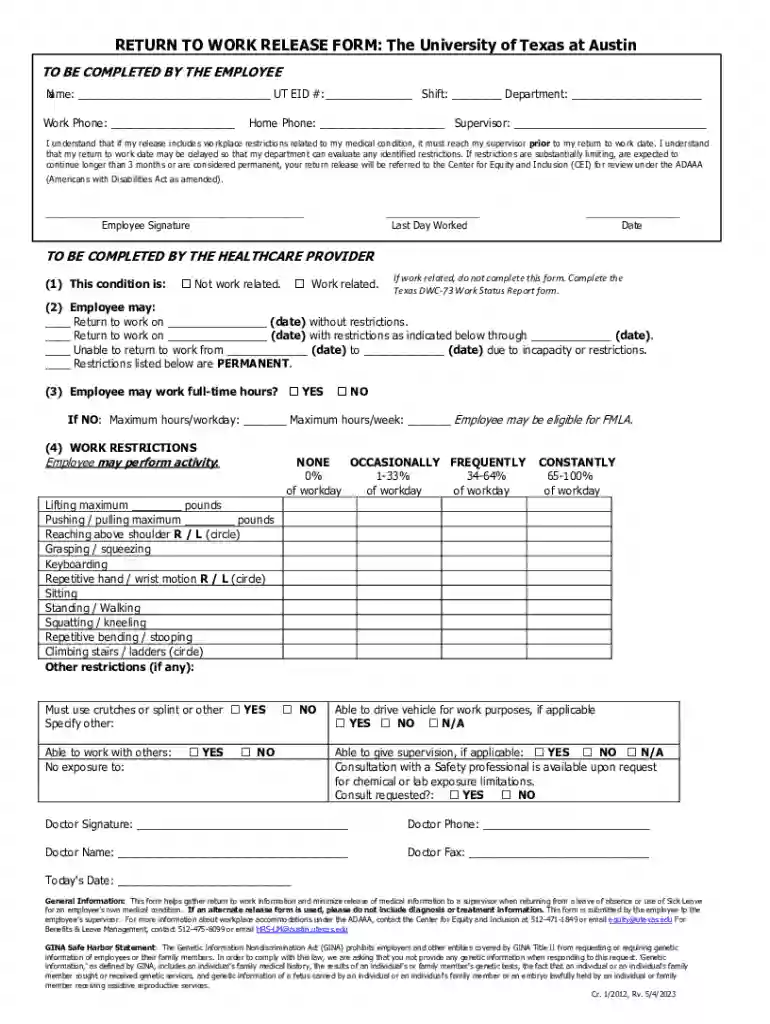 UT Austin RETURN TO WORK RELEASE FORM-final 01-15 (2) Preview on Page 1