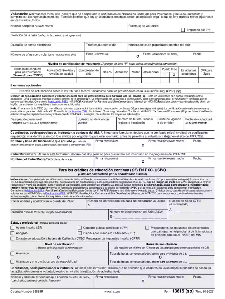 Form 13615 (sp) (Rev 10-2023) Volunteer Standards of Conduct AgreementVITA TCE Programs (Spanish Ver Preview on Page 1