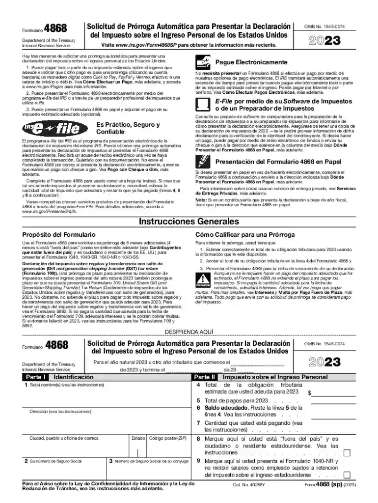 2023 Form 4868 (sp) Application for Automatic Extension of Time To File U S Individual Income Tax Re Preview on Page 1