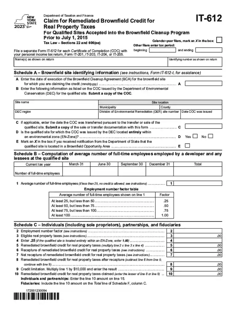 Form IT-612 Claim for Remediated Brownfield Credit for Preview on Page 1