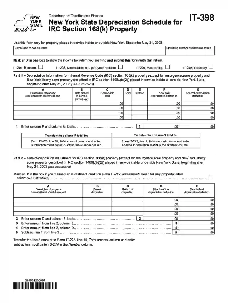 Form IT-398 New York State Depreciation Schedule for IRC Section 168(k) Property Tax Year 2023 Preview on Page 1