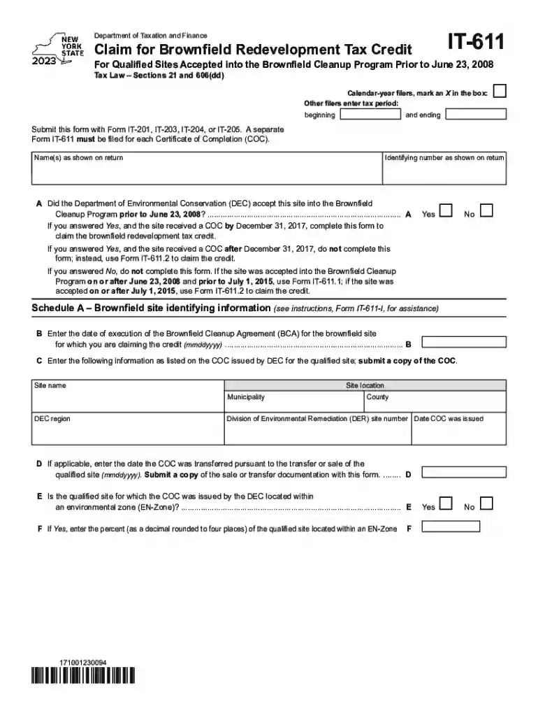 Form IT-611 Claim for Brownfield Redevelopment Tax Credit Tax Year 2023 Preview on Page 1