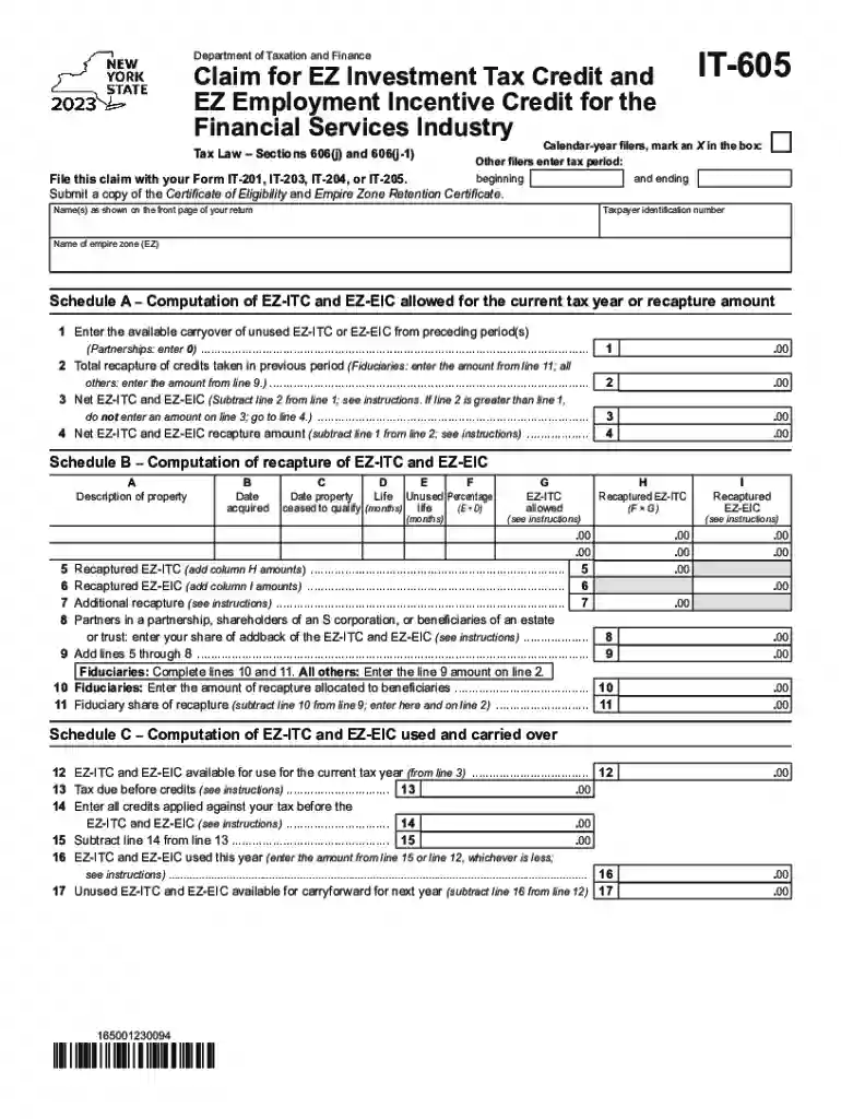 Form IT-605 Claim for EZ Investment Tax Credit and EZ Employment Incentive Credit for the Financial Preview on Page 1