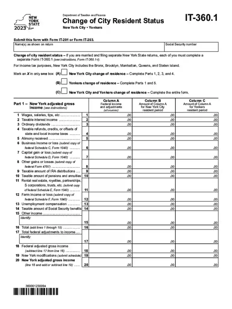 Form IT-360 1 Change of City Resident Status Tax Year 2023 Preview on Page 1