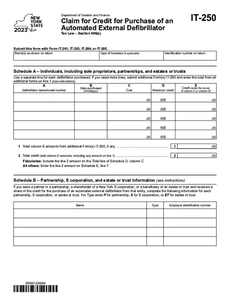 Form IT-250 Claim for Credit for Purchase of an Automated External Defribrillator Tax Year 2023 Preview on Page 1