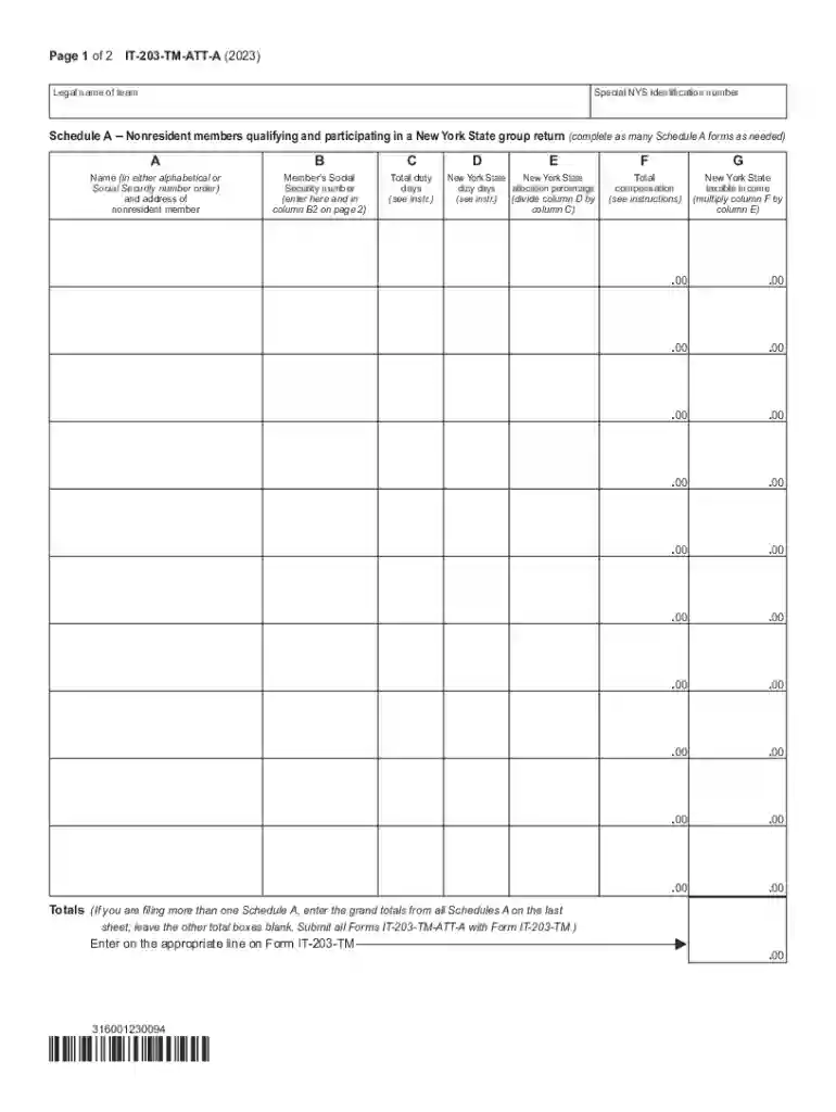 Form IT-203-TM-ATT-A Schedule A - Group Return for Nonresident Athletic Team Members Tax Year 2023 Preview on Page 1