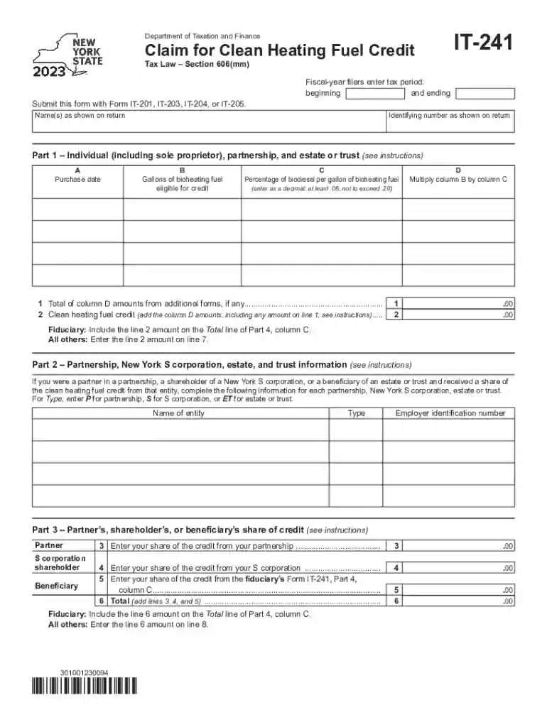Form IT-241 Claim for Clean Heating Fuel Credit Tax Year Preview on Page 1