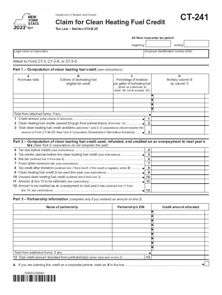 Form CT-241 Claim for Clean Heating Fuel Credit Tax Year 2023 Preview on Page 1