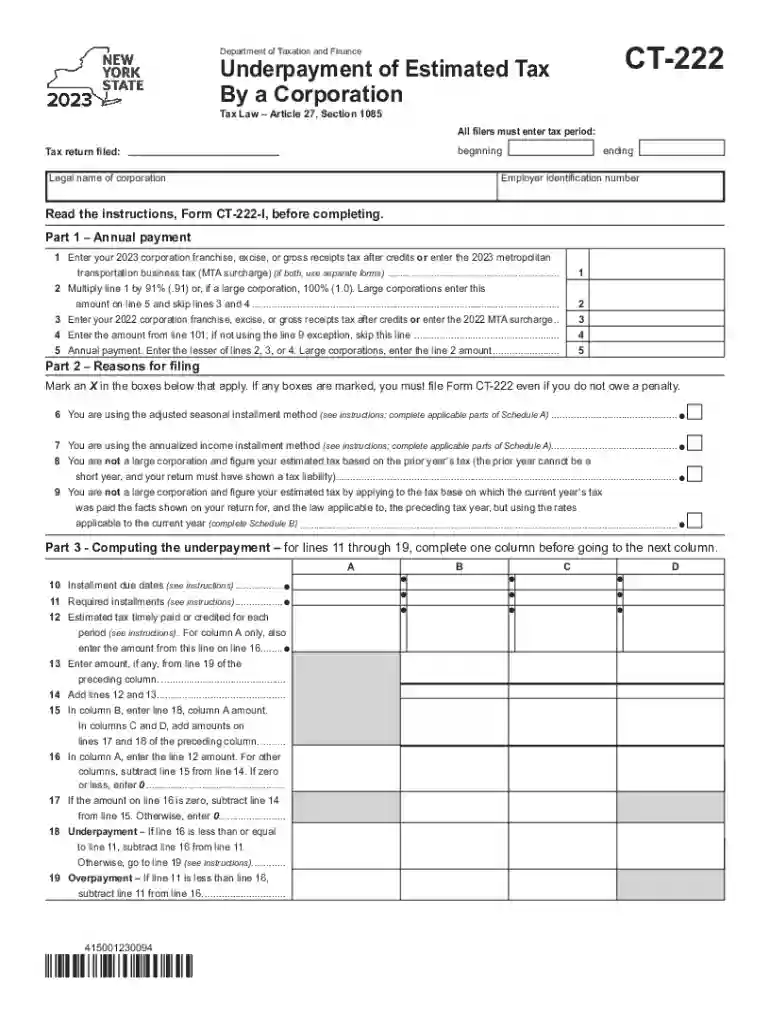 Form CT-222 Underpayment of Estimated Tax By a Corporation Tax Year 2023 Preview on Page 1