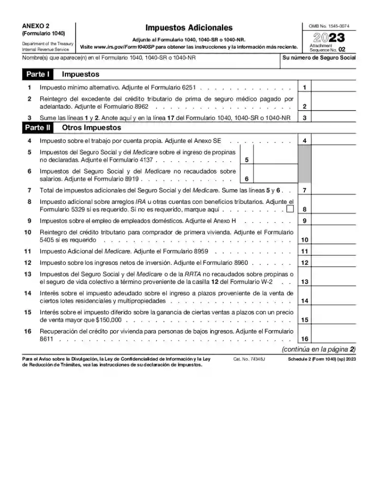 2023 Schedule 2 (Form 1040) (sp) Additional Taxes (Spanish Version) Preview on Page 1