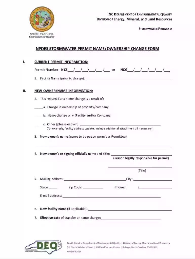 NPDES Stormwater Permit Name Ownership Change Form NC DEQ Preview on Page 1