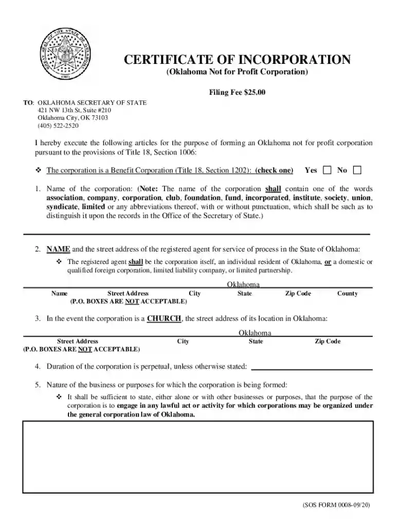 CERTIFICATE OF INCORPORATION Oklahoma Not for Profit Corporation Preview on Page 1