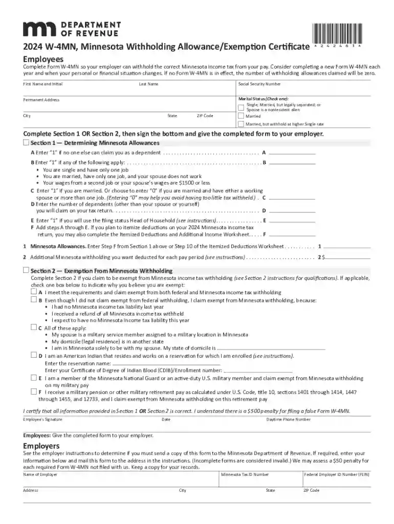 Form W-4MN, Minnesota Withholding Allowance Preview on Page 1