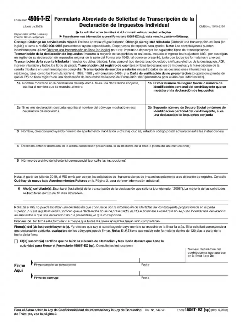 Form 4506-T-EZ (sp) (Rev 6-2023) Short Form Request for Individual Tax Return Transcript (Spanish Ve Preview on Page 1