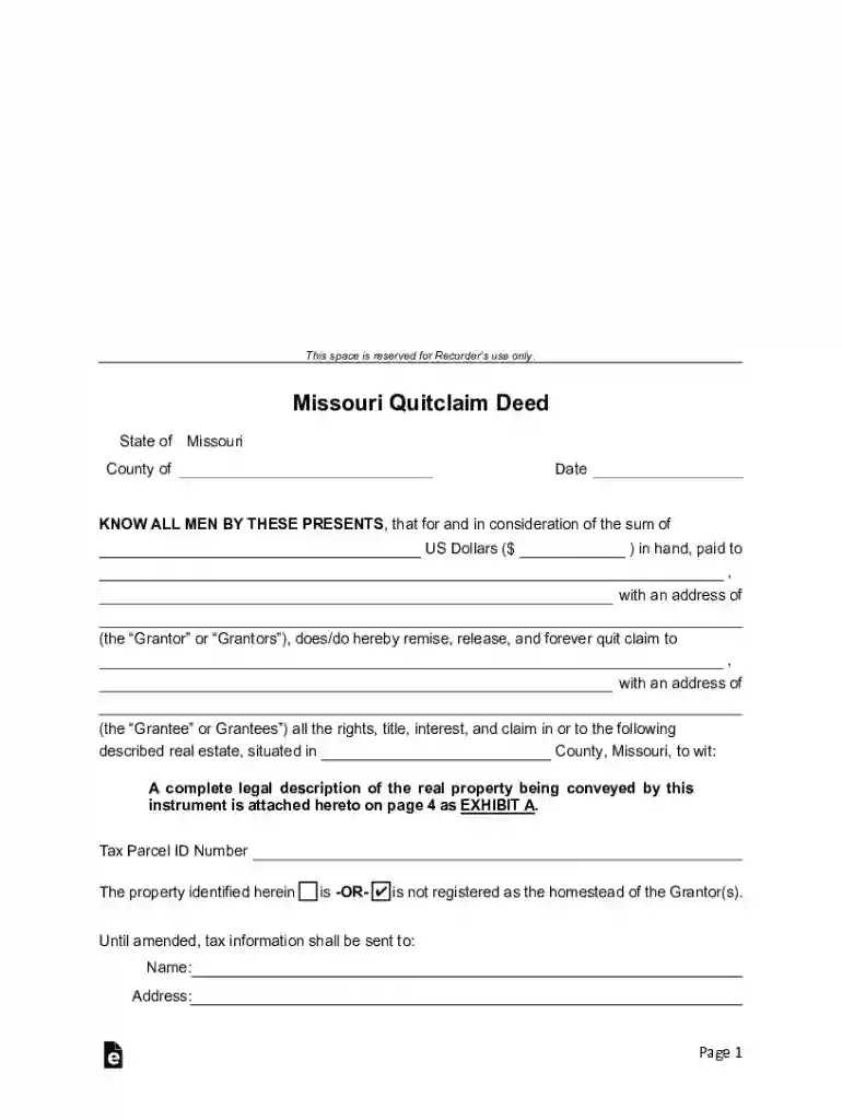 Missouri Quit Claim Deed FormPDFNotary Public Preview on Page 1