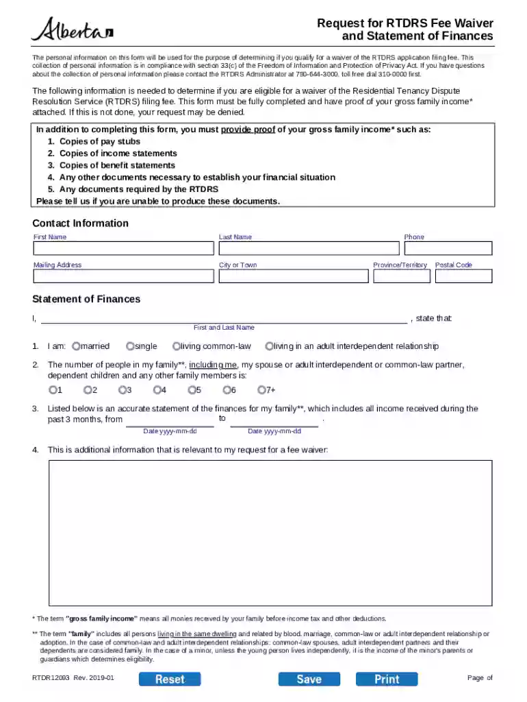 Request for RTDRS Fee Waiver and Statement of Finances Clients who are unable to pay the RTDRS filin Preview on Page 1