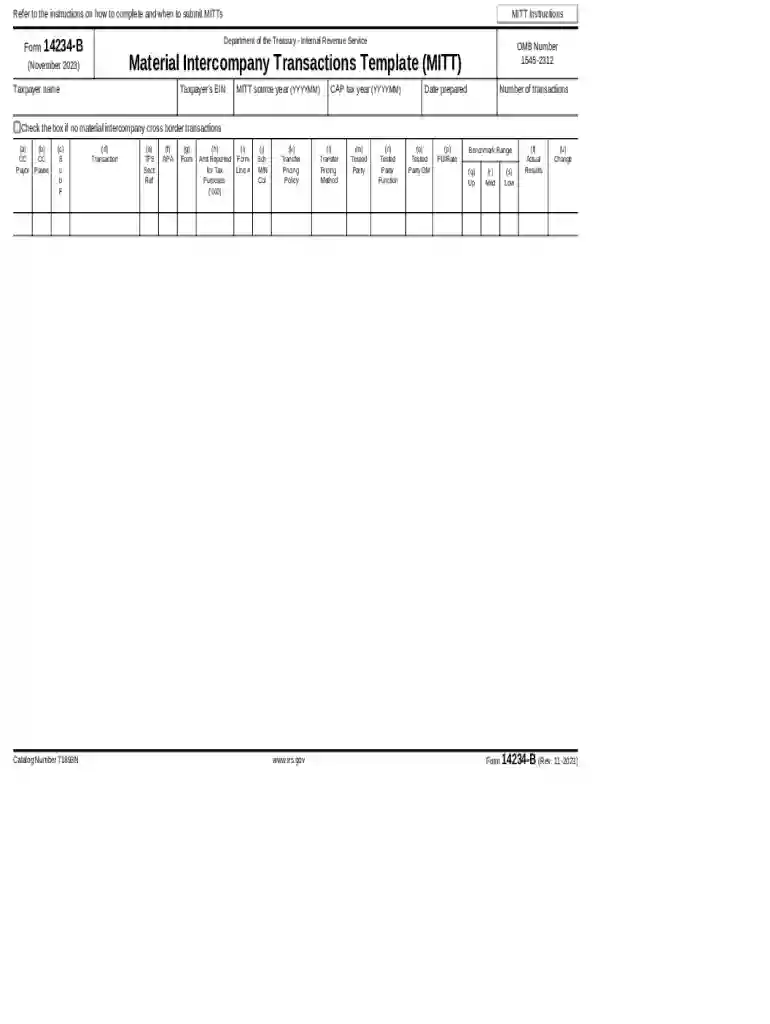 Form 14234-B (Rev 11-2023) Material Intercompany Transactions Template (MITT) Preview on Page 1