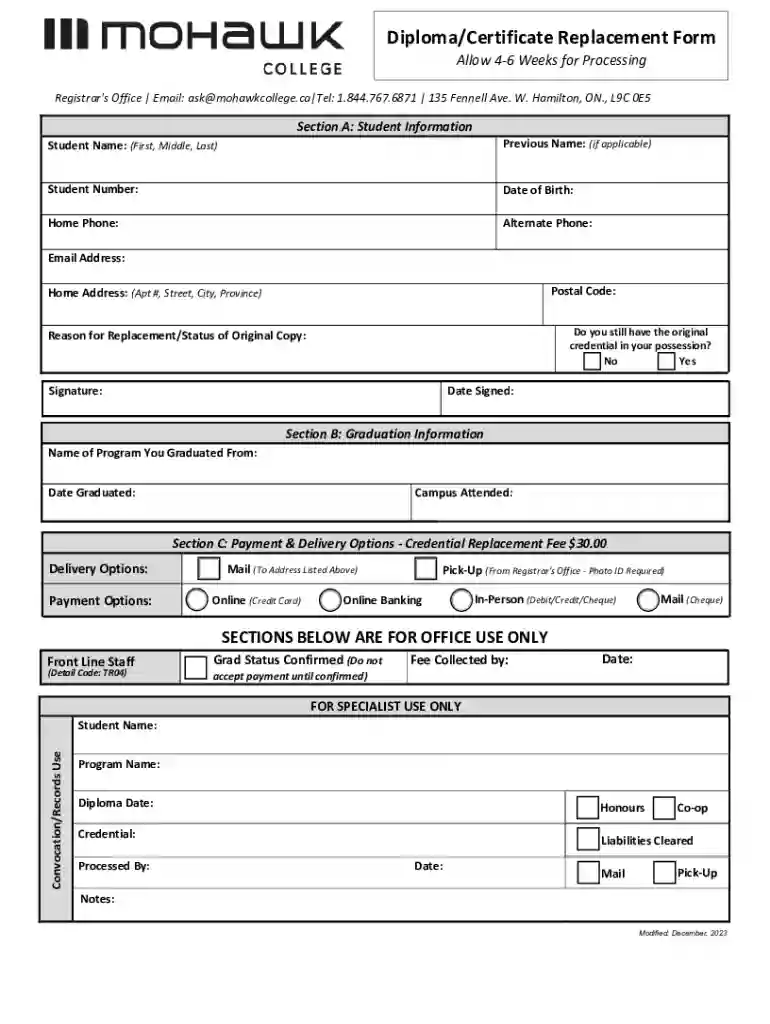 Get Replacement Diploma Or Certificate Request Form Preview on Page 1