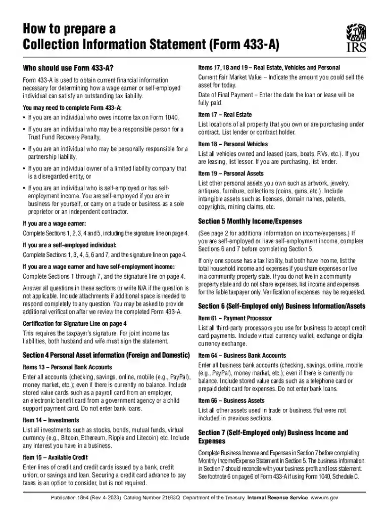 IRS Form 433-A: Instructions and Purpose of this Statement Preview on Page 1