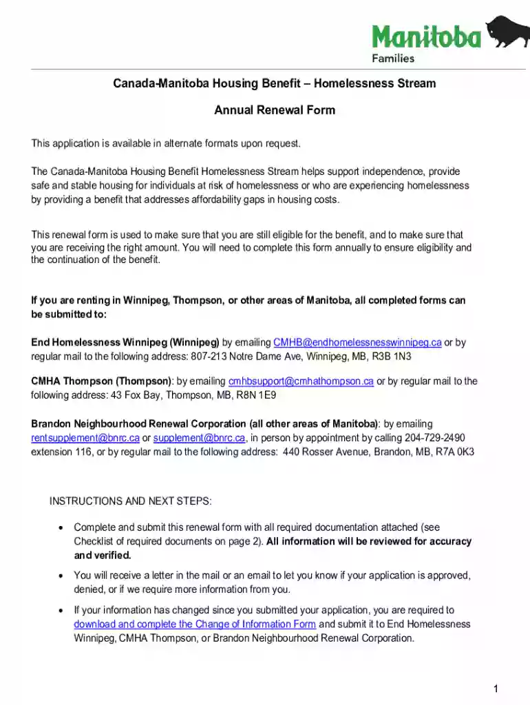 Canada-Manitoba Housing BenefitHomelessness Stream - Annual Renewal Form in PDF format Canada-Manito Preview on Page 1