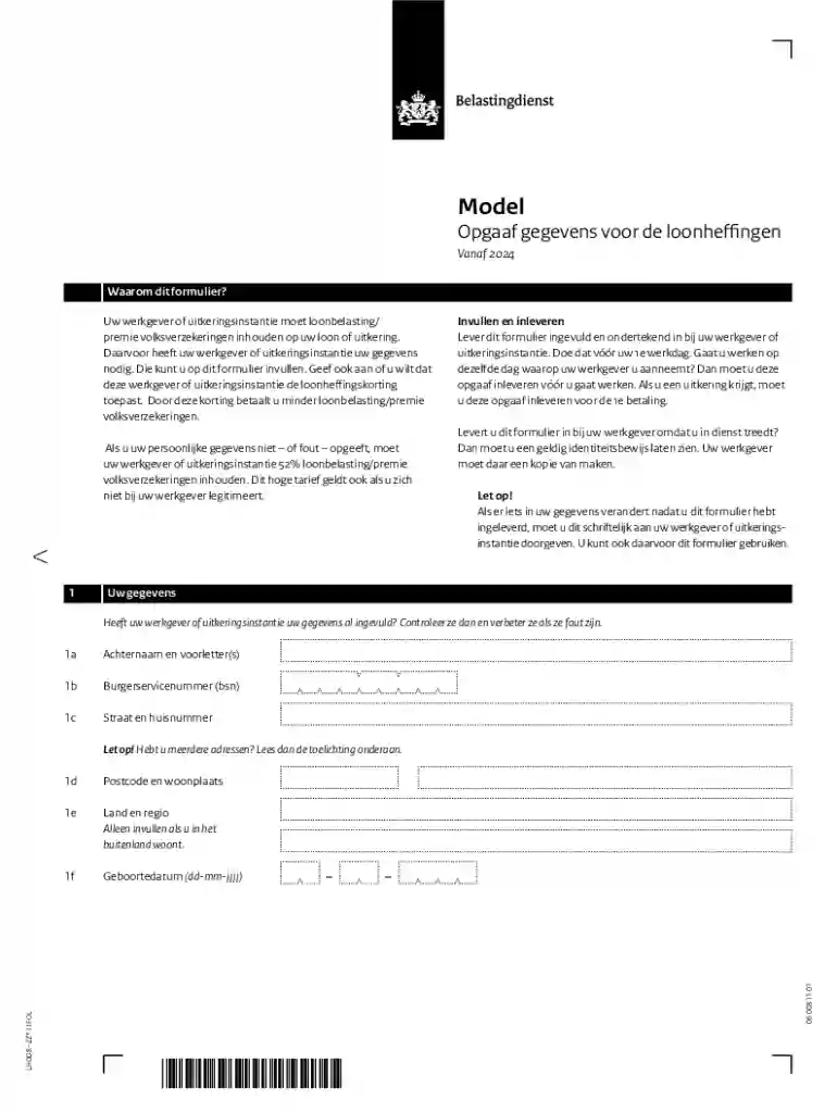 Model Opgaaf gegevens voor de loonheffingen - Vanaf 2024 LH 008 - 2Z*11FOL Preview on Page 1