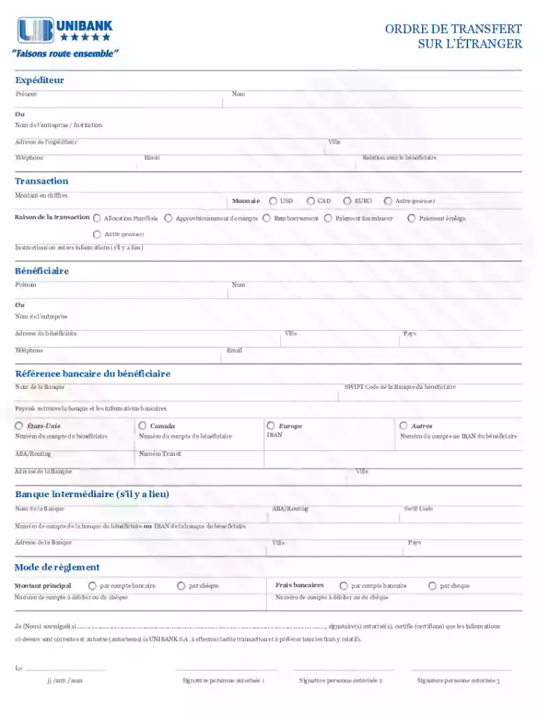 ordre de transfert sur l'étranger unibank Preview on Page 1