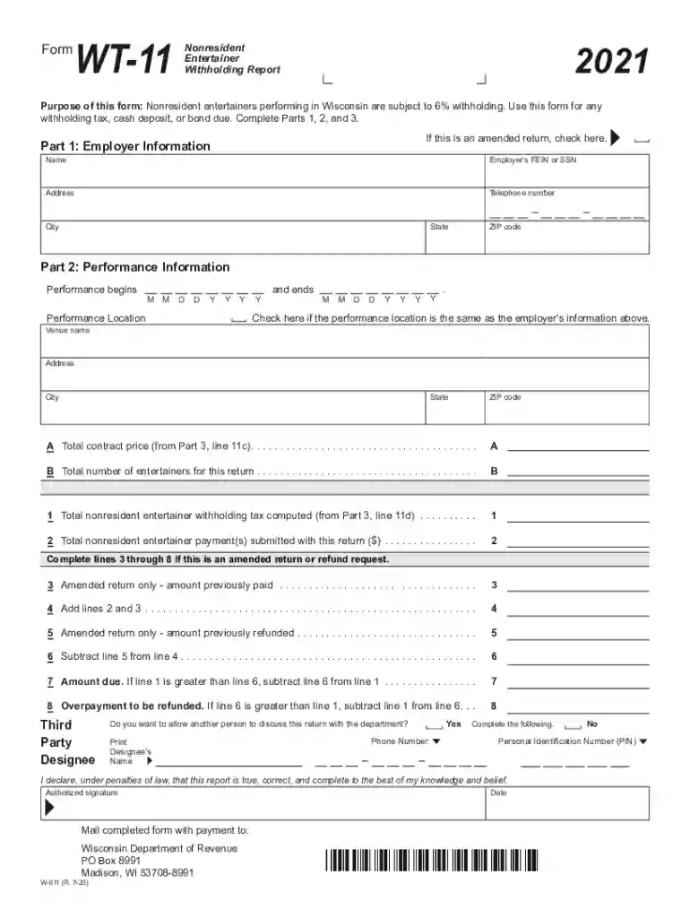 2021 W-011 Form WT-11 Nonresident Entertainer Withholding Report Preview on Page 1