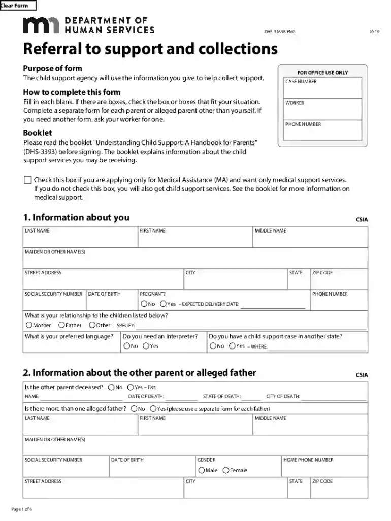 DHS-3163B-ENG (Referral to support and collections) This form is used by Minnesota Family Investment Preview on Page 1