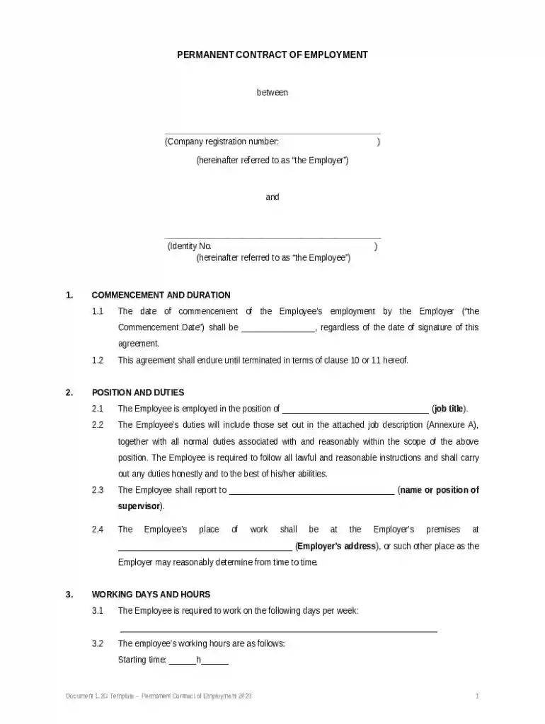 Template Permanent Contract of Employment Preview on Page 1