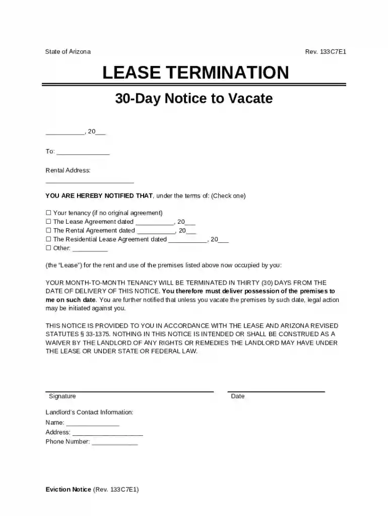 Arizona 30-Day Notice to Vacate Preview on Page 1