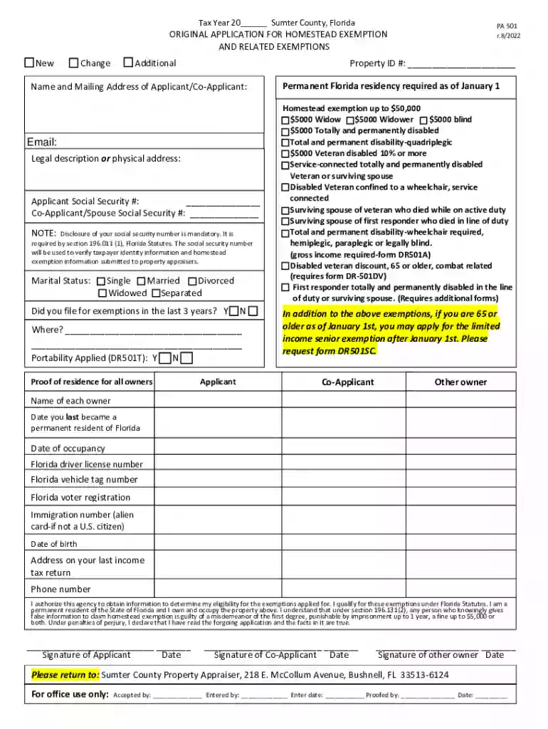 Sumter county florida homestead exemption application form Preview on Page 1