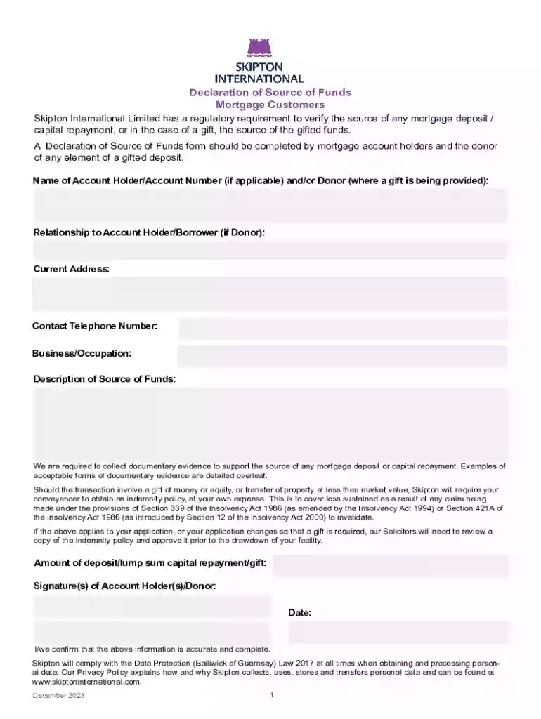 Declaration of Source of Funds Mortgage Customers Preview on Page 1