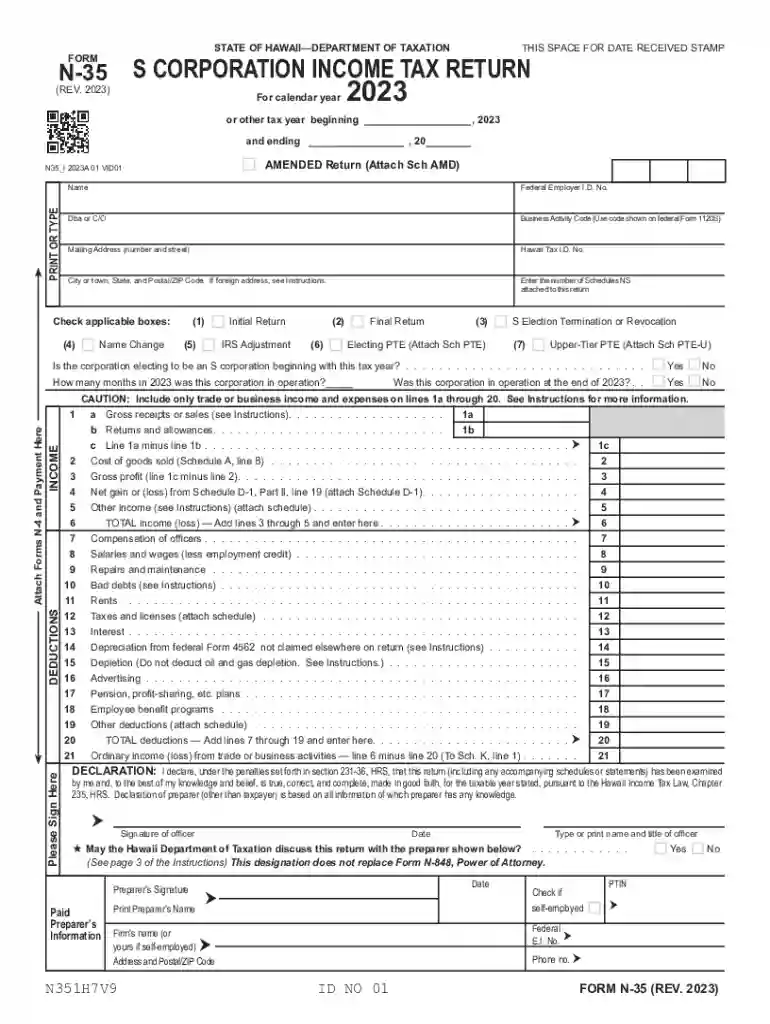Form N-35, Rev 2023, S Corporation Income Tax Return Forms 2023 - Fillable Preview on Page 1
