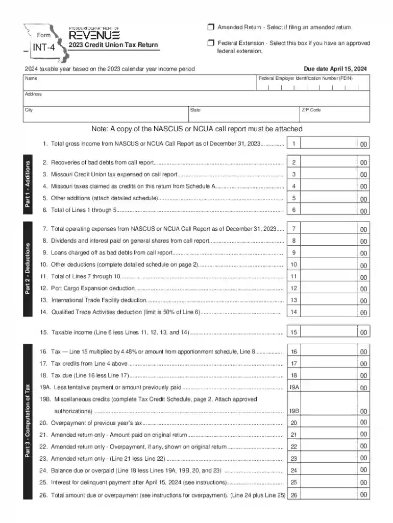 Missouri Credit Union Tax Return Preview on Page 1