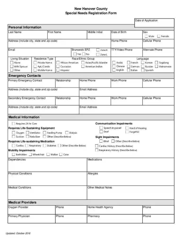 New Hanover County Special Needs Registration Form Preview on Page 1