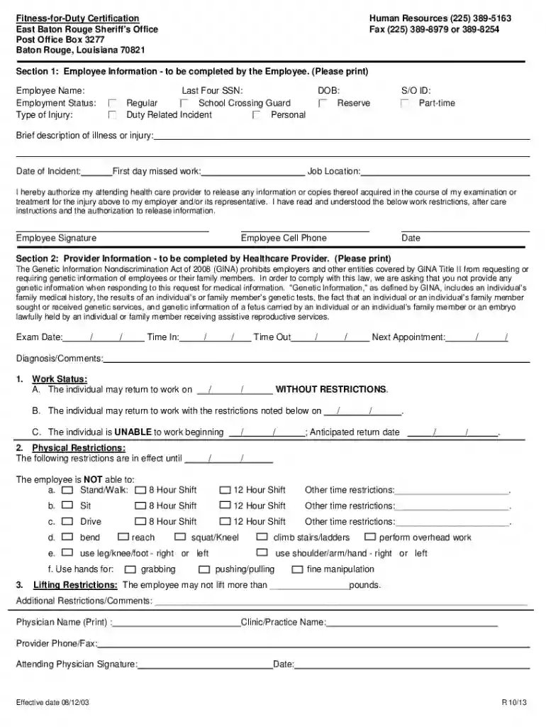 Fitness For Duty Form - Fill and Sign Printable Template Preview on Page 1