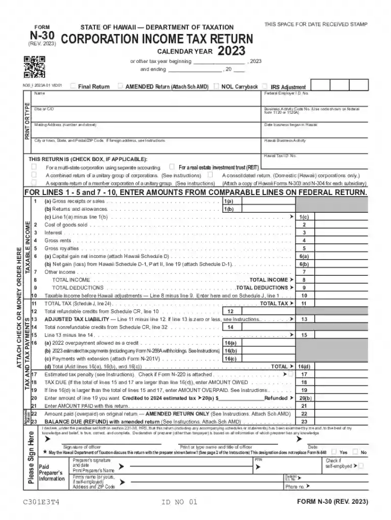Form N-30, Rev 2023, Corporation Income Tax Return Forms 2023 - Fillable Preview on Page 1