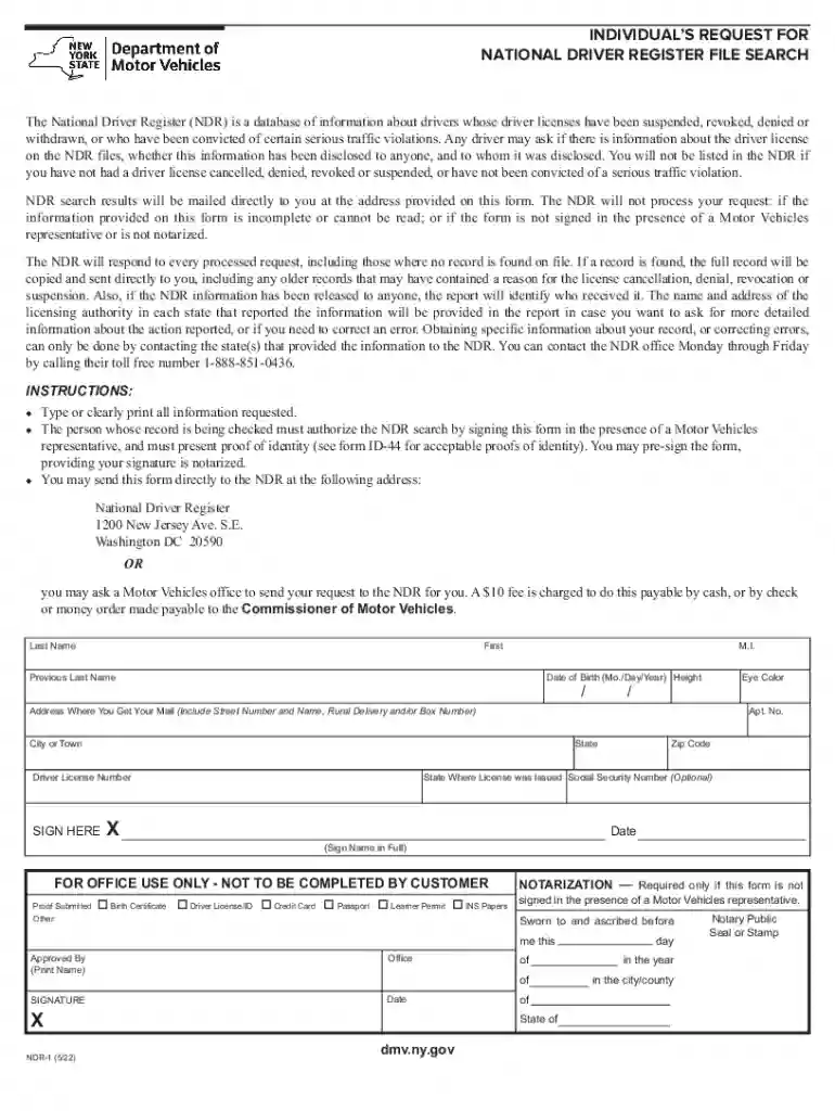 INDIVIDUAL S REQUEST FOR NATIONAL DRIVER REGISTER FILE SEARCH Preview on Page 1