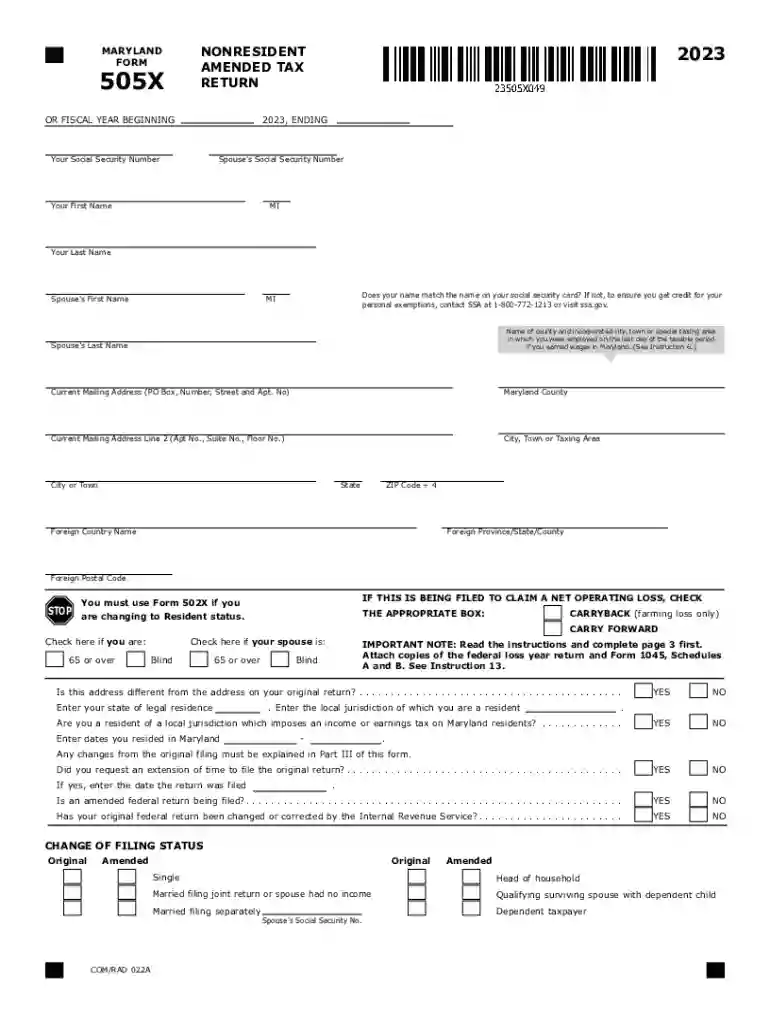 2023 Maryland Form 505X Preview on Page 1
