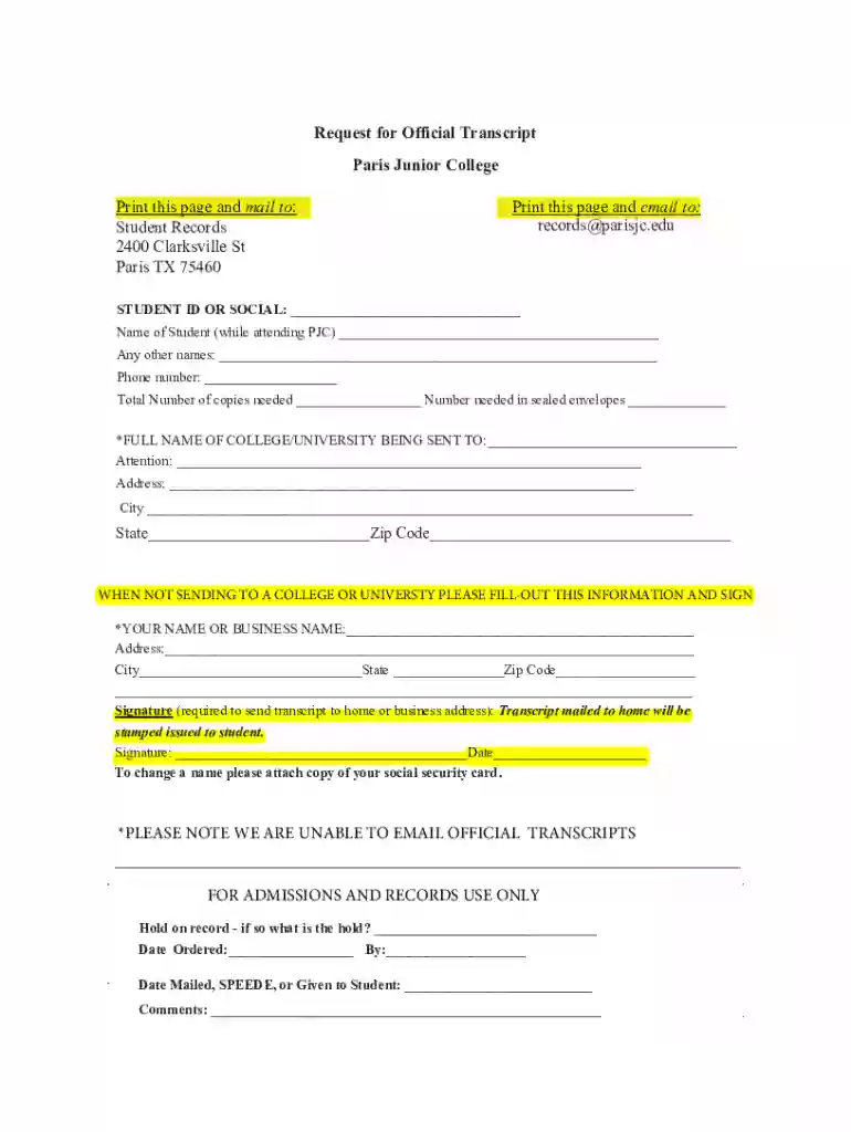 Transcript request form paris junior college parisjc - DocHub Preview on Page 1